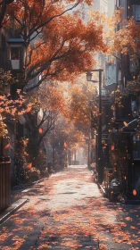 Autumn-lit city alley with falling leaves and warm haze.