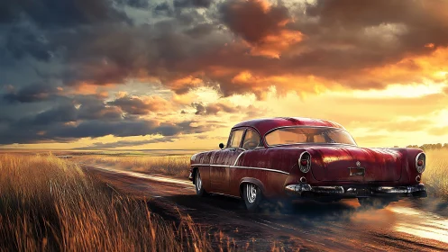 Vintage red coupe on rural dirt road at stormy sunset.