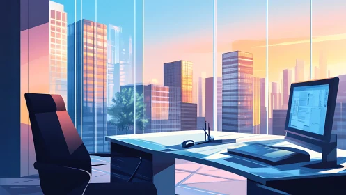 High-rise office interior with urban skyline view during twilight hours
