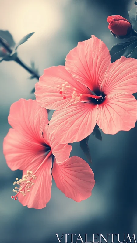Pink hibiscus flowers with delicate petals in soft blue atmosphere.