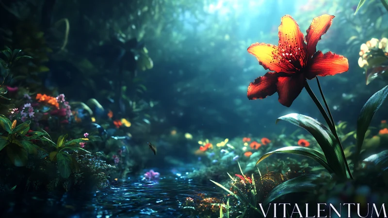 Macro-lit crimson lily over bioluminescent forest stream