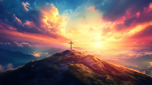 Cross on mountain summit under vivid sunset sky panorama.