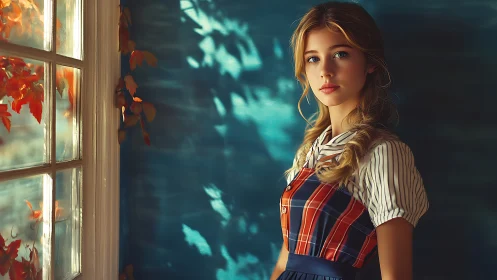 Young woman stands by sunlit window with autumn leaves
