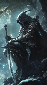 Hooded armored warrior rests with sword in misty forest