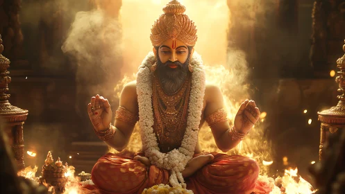 Photorealistic divine sage amid ritual fire and golden haze.