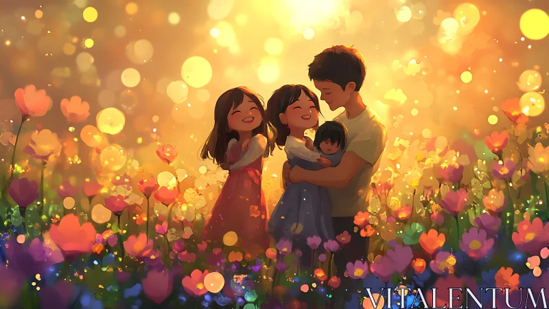 Family Group in Flower Field: Digital Illustration with Luminescent Bokeh Effects