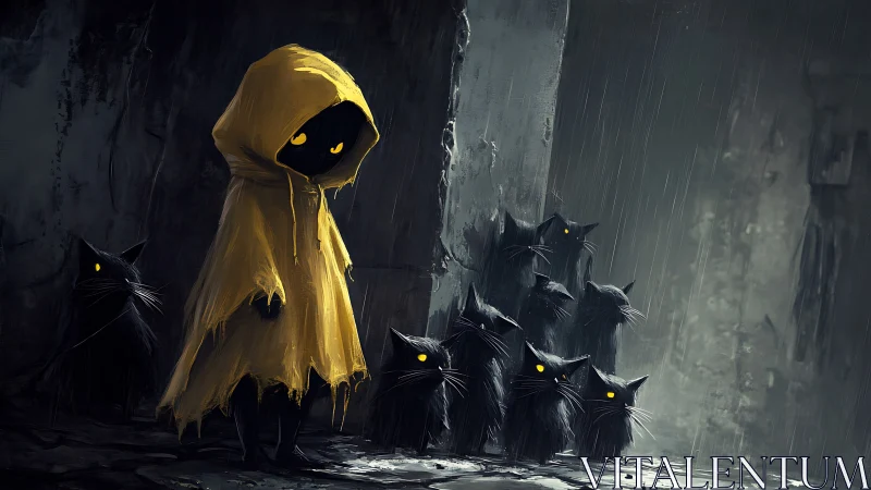 Rain-soaked shadows trade secret glances in yellow hood