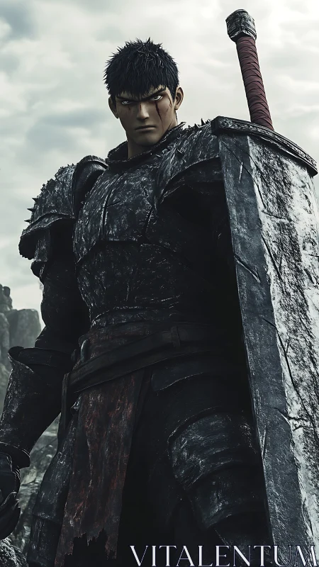 Armored warrior stands in rocky landscape holding massive sword