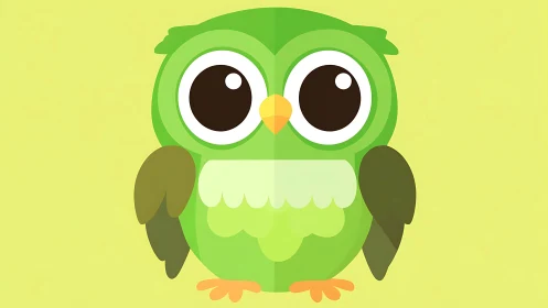 Cute Green Cartoon Owl with Big Eyes on Light Yellow Background.