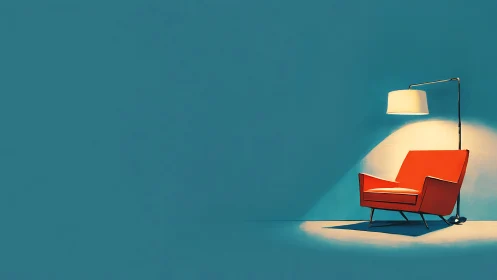 Red armchair and floor lamp occupy lit corner of room