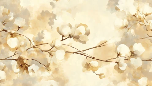 Delicate Cotton Flower Branches in Soft Watercolor Style.