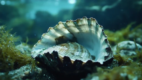 Glimmering seashell opens quietly on a peaceful seafloor