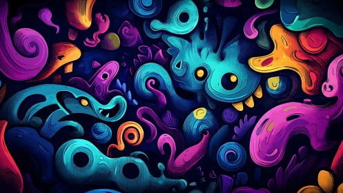 Neon biomorphic creatures swirl inside dense cosmic void