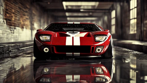 Rain‑slicked red racer stares down the alley with feral calm