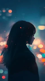Solitary girl silhouette amid neon bokeh city lights.