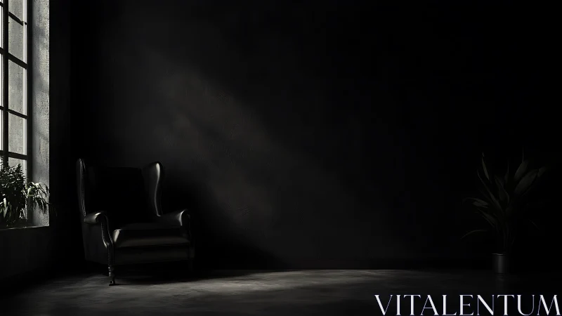 Cozy black armchair resting in a quiet sunlit corner.