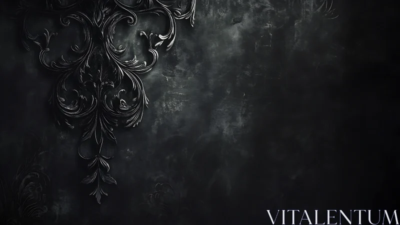 Dark baroque ornamental relief on textured black wall.