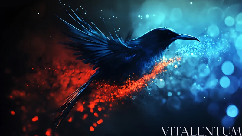 Raven in flight crossing from ember red to cool blue night.