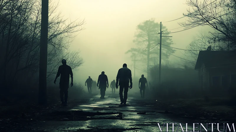 Silhouetted figures walk down foggy, abandoned roadway.