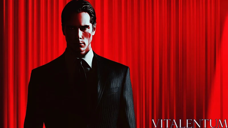 Stoic suited man against intense red curtain backdrop.