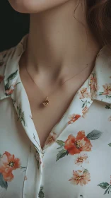 Delicate floral blouse and tiny gold pendant in soft focus.