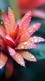 Crimson flower petals covered in morning dewdrops