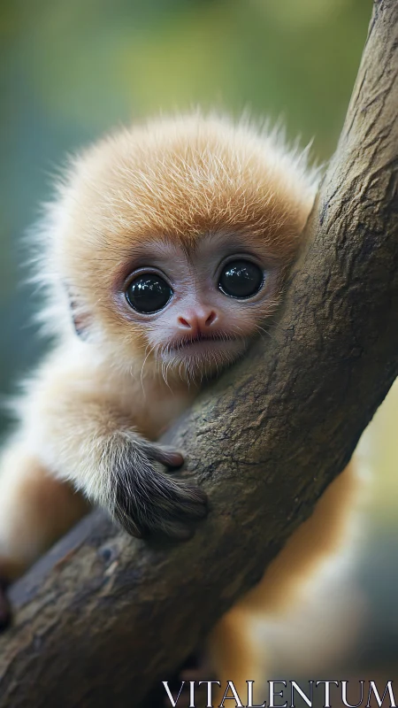 Young primate grips tree branch in close vertical portrait