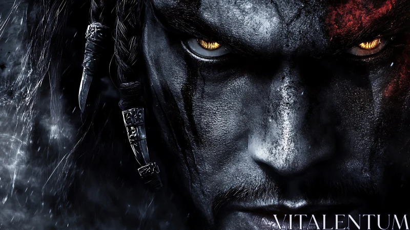 Close frontal view shows digitally rendered warrior face