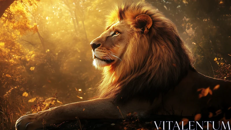 Golden light lion portrait in autumn forest glow.