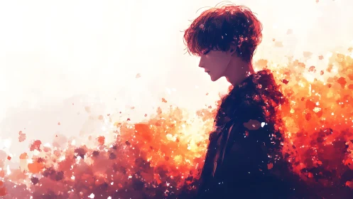 Side profile of youth amid red and orange abstract cloud.