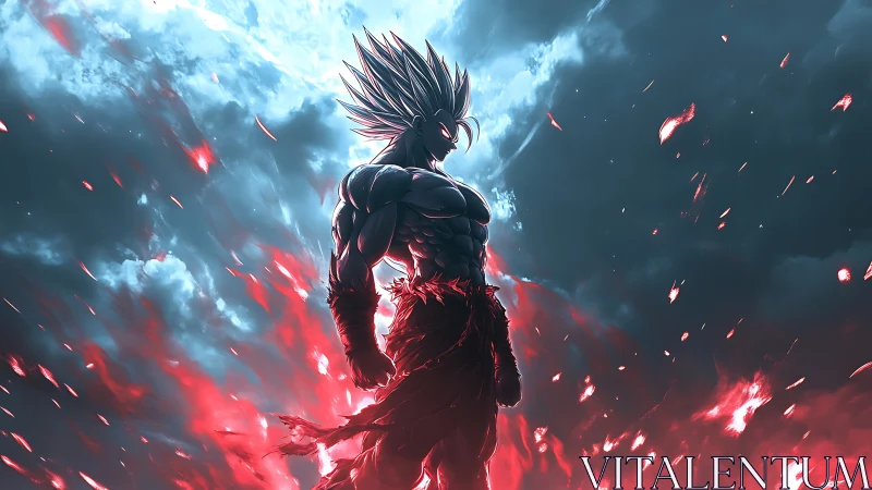 Warrior silhouette channels blazing red energy under storm