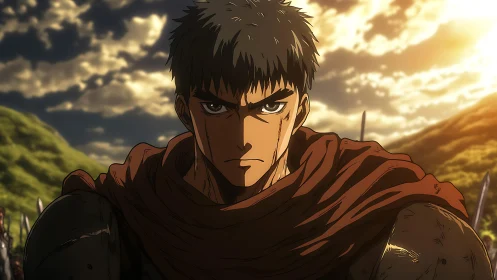 Armored anime warrior stares forward under dramatic sunset sky