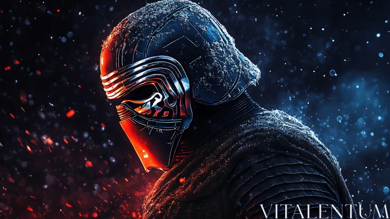 Frozen war helm broods between embered red and star-cold blue