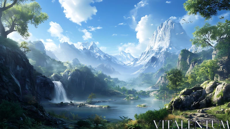 High dynamic range alpine lake panorama with waterfall basin