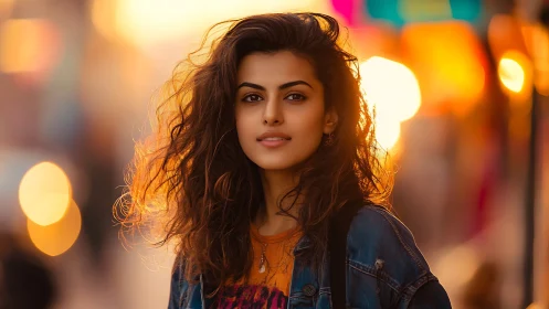 Golden hour city portrait with softly glowing bokeh lights.