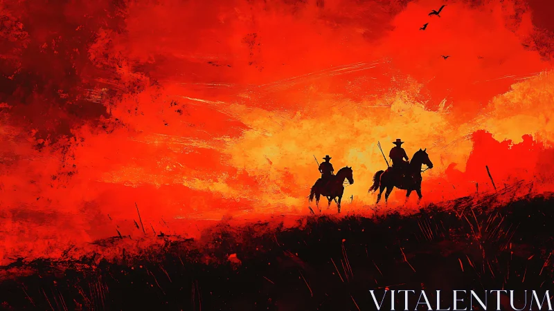 Silhouetted riders crossing ember-scorched prairie at dusk