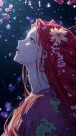 Starlit blossom dreamer gazes upward through falling petals.