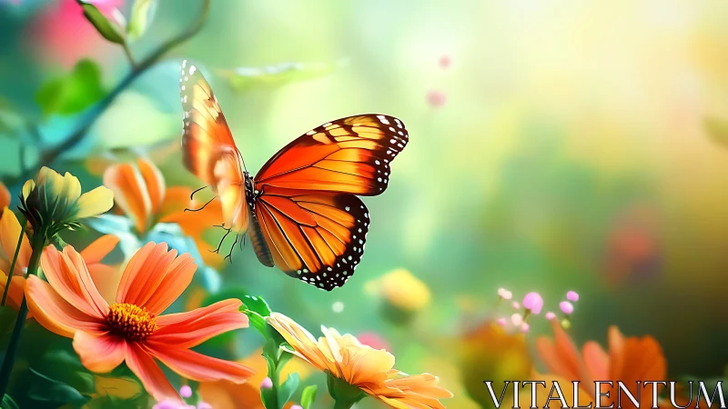 Vibrant monarch butterfly hovering over luminous florals.