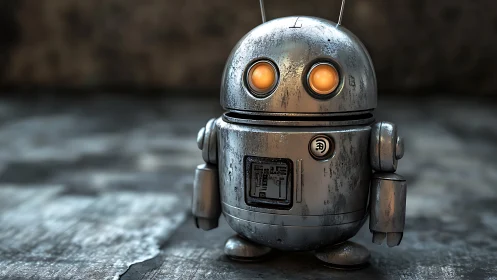 Weathered spherical service robot with illuminated optical cores.