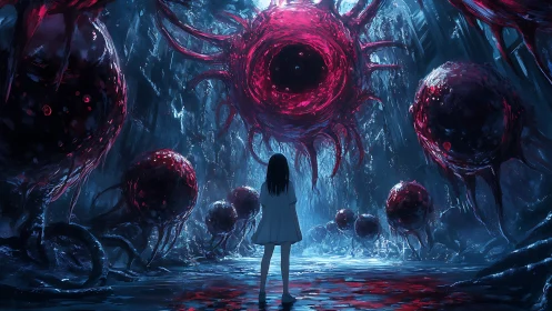 Solitary girl confronts colossal abyssal eye in bio-organic cavern