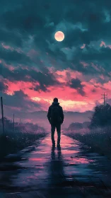 Lone wanderer beneath a neon dusk and patient moonlit sky.