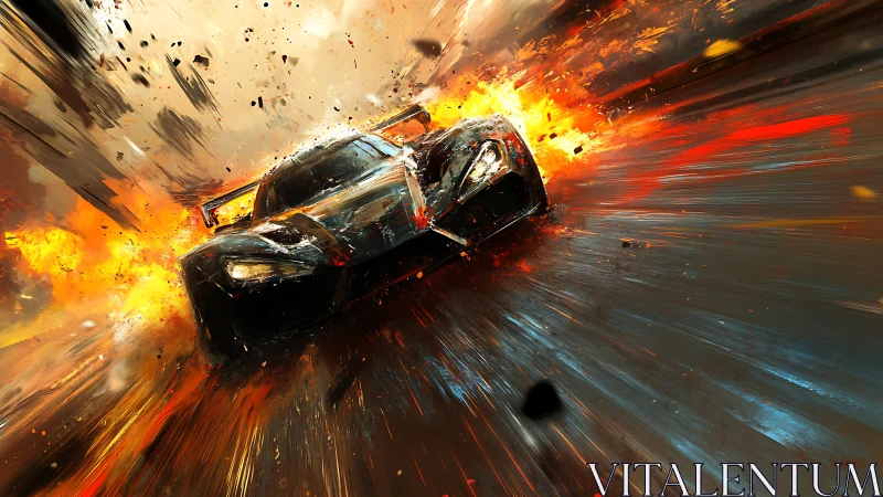 Dynamic digital painting of racing car in explosive motion.