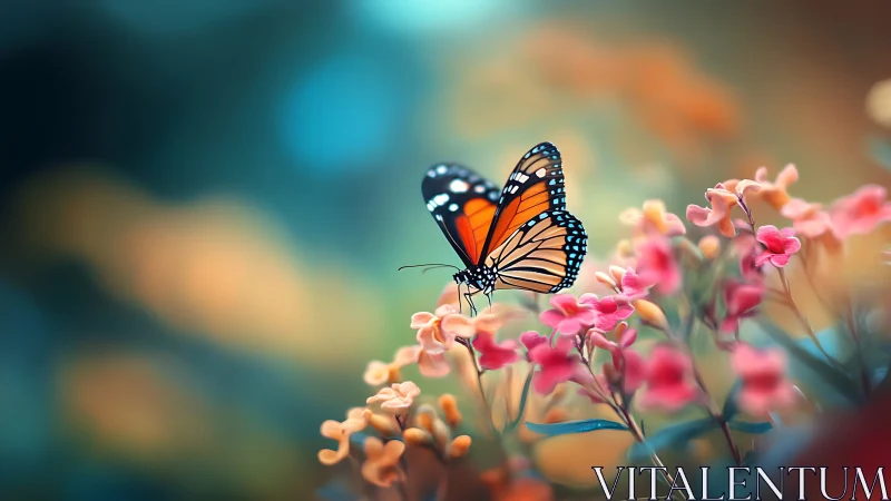 Monarch butterfly resting on small pink and orange flowers.