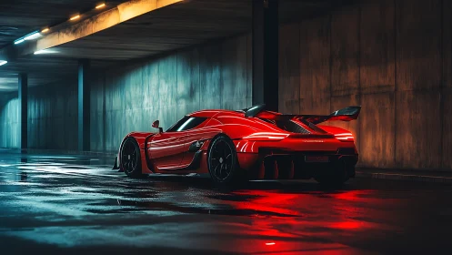 Sleek red supercar glowing under moody tunnel lights.