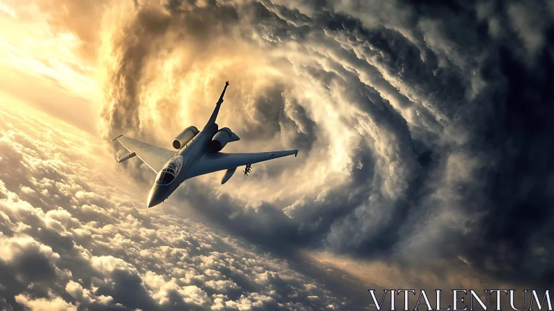 Jet fighter spears a storm vortex in molten sunset skies.