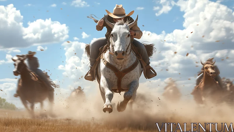 Dynamic cowboy charge on galloping horses in dusty plains.