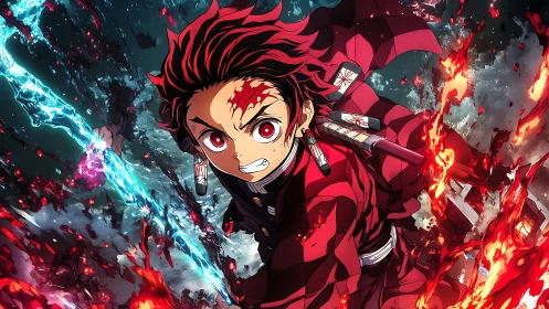 Fiery anime swordsman charges through storm of flame and water