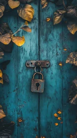 Weathered teal door with padlock and surrounding foliage.