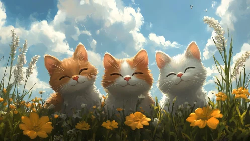 Three Contented Felines Amidst Golden Blossoms.