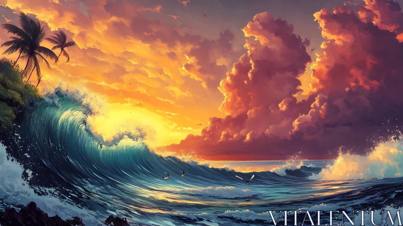 Tropical storm surf under radiant sunset cumulonimbus sky